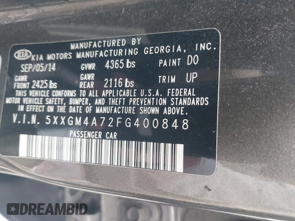 2015 Kia Optima LX with VIN 5XXGM4A72FG400848, listed as a IAAI auction lot 40802198 with 173,270 mi miles and . Bid and sale history available at DreamBid. Image 9.