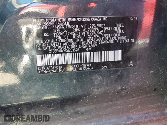 2012 Toyota RAV4 с VIN 2T3BF4DV5CW253528, выставлен на аукционе Copart как лот 45961295 с пробегом 105 679 миль миль и Списание • Salvage title. История ставок и продаж доступна на DreamBid. Изображение 13.