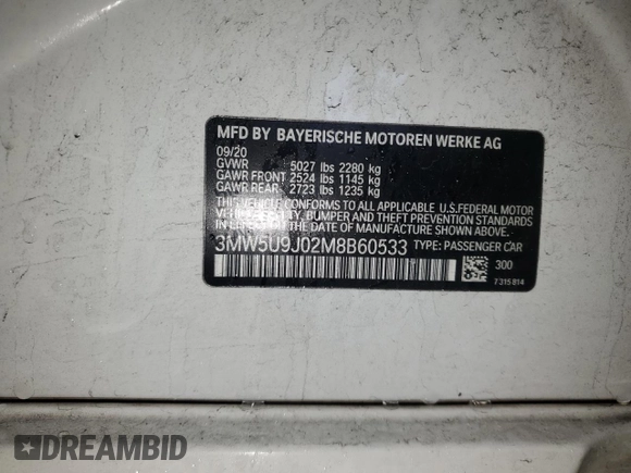 2021 BMW 3 Series M340i xDrive with VIN 3MW5U9J02M8B60533, listed as a Copart auction lot 84322494 with 0 mi miles and Salvage Title. Bid and sale history available at carsss.com. Image 12.