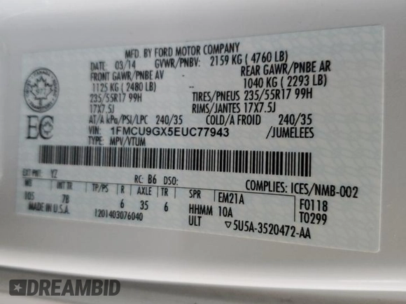 2014 Ford Escape SE with VIN 1FMCU9GX5EUC77943, listed as a Copart auction lot 56311895 with 155,762 mi miles and Clean Title. Bid and sale history available at DreamBid. Image 13.