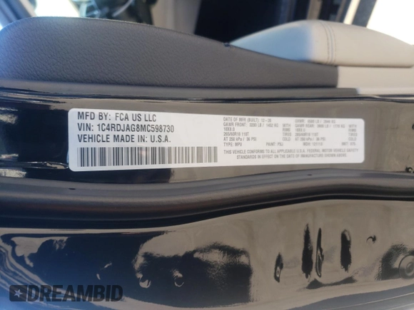 2021 Dodge Durango SXT Plus with VIN 1C4RDJAG8MC598730, listed as a Copart auction lot 87396654 with 82,437 mi miles and Non repairable. Bid and sale history available at DreamBid. Image 15.