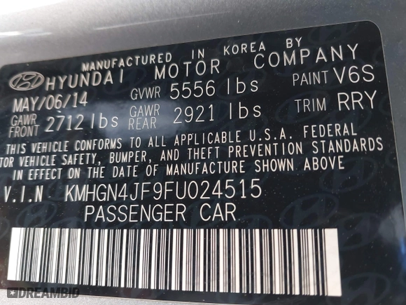 2015 Hyundai Genesis 5.0L with VIN KMHGN4JF9FU024515, listed as a IAAI auction lot 41741222 with 148,242 mi miles. Bid and sale history available at carsss.com. Image 9.