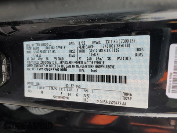 2023 Ford F-150 Raptor with VIN 1FTFW1RG6PFA01658, listed as a Copart auction lot 47601275 with 40,440 mi miles and Salvage Title. Bid and sale history available at DreamBid. Image 12.