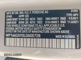 2020 Porsche Cayenne z VIN WP1AA2AY0LDA05728, wystawiony jako IAAI lot #41485296 z przebiegiem Nie podano mil oraz . Historia ofert i sprzedaży dostępna na DreamBid. Obrazek 9.