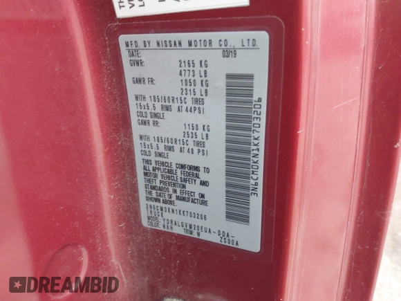 2019 Nissan NV200 S z VIN 3N6CM0KN1KK703206, wystawiony jako IAAI lot #41929556 z przebiegiem Nie podano mil oraz . Historia ofert i sprzedaży dostępna na DreamBid. Obrazek 9.