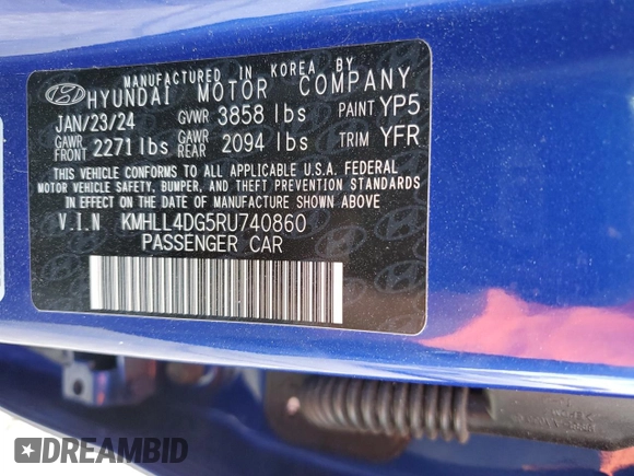 2024 Hyundai Elantra SE z VIN KMHLL4DG5RU740860, wystawiony jako Copart lot #47126855 z przebiegiem 34 990 mil mil oraz Nie do naprawy • Non repairable. Historia ofert i sprzedaży dostępna na DreamBid. Obrazek 12.