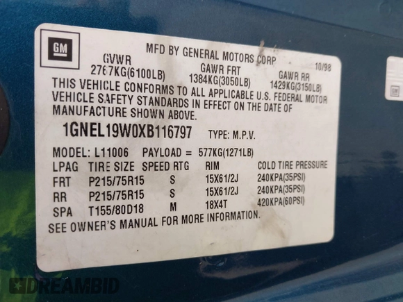 1999 Chevrolet Astro with VIN 1GNEL19W0XB116797, listed as a IAAI auction lot 42219437 with 120,902 mi miles and . Bid and sale history available at DreamBid. Image 9.