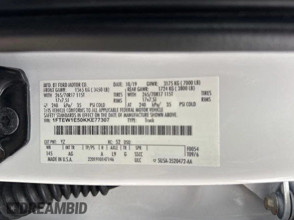 2019 Ford F-150 XL with VIN 1FTEW1E50KKE77307, listed as a Copart auction lot 54669895 with 181,017 mi miles and Clean Title. Bid and sale history available at carsss.com. Image 10.