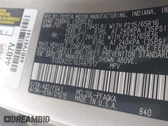 2006 Toyota Sienna XLE with VIN 5TDZA22C16S487917, listed as a IAAI auction lot 41809329 with 274,537 mi miles. Bid and sale history available at carsss.com. Image 9.