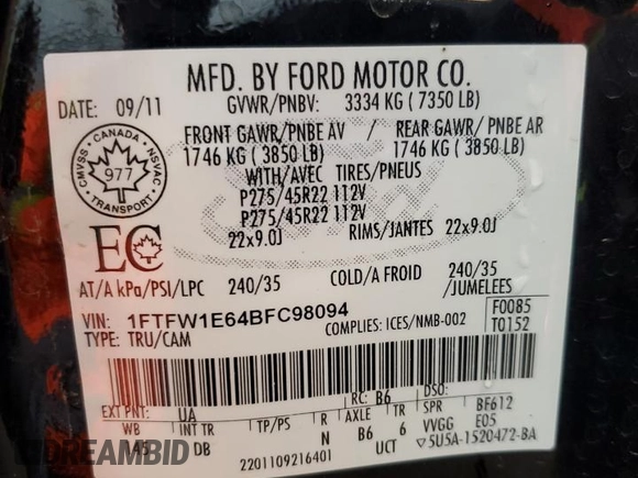 2011 Ford F-150 Lariat with VIN 1FTFW1E64BFC98094, listed as a Copart auction lot 48716675 with 245,173 mi miles and Salvage Title. Bid and sale history available at carsss.com. Image 13.
