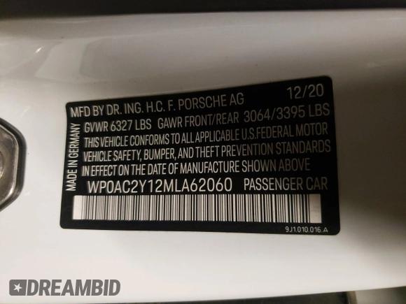 2021 Porsche Taycan Turbo z VIN WP0AC2Y12MLA62060, wystawiony jako Copart lot #52847292 z przebiegiem Nie podano mil oraz Nie do naprawy • Non repairable. Historia ofert i sprzedaży dostępna na DreamBid. Obrazek 10.