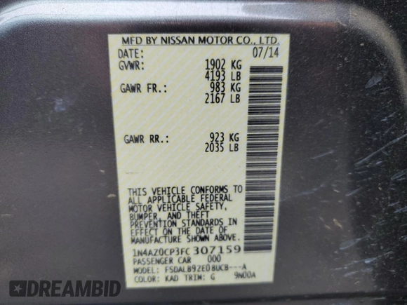 2015 Nissan LEAF SV with VIN 1N4AZ0CP3FC307159, listed as a Copart auction lot 72551803 with 51,417 mi miles and . Bid and sale history available at DreamBid. Image 12.
