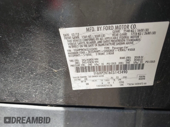 2012 Ford Taurus SHO с VIN 1FAHP2KT6CG143490, выставлен на аукционе IAAI как лот 42235776 с пробегом 125 671 миль миль и . История ставок и продаж доступна на DreamBid. Изображение 9.