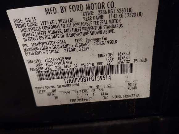 2015 Ford Taurus SE with VIN 1FAHP2D81FG159514, listed as a IAAI auction lot 41641336 with 110,137 mi miles and . Bid and sale history available at carsss.com. Image 9.