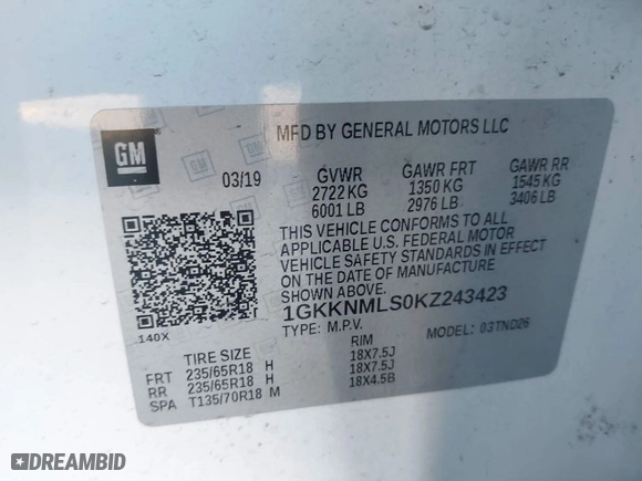 2019 GMC Acadia SLT with VIN 1GKKNMLS0KZ243423, listed as a IAAI auction lot 41339866 with 169,295 mi miles. Bid and sale history available at carsss.com. Image 9.
