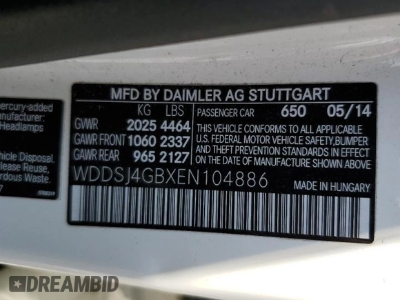 2014 Mercedes-Benz CLA 250 with VIN WDDSJ4GBXEN104886, listed as a Copart auction lot 60210115 with 219,043 mi miles and Salvage title. Bid and sale history available at DreamBid. Image 12.