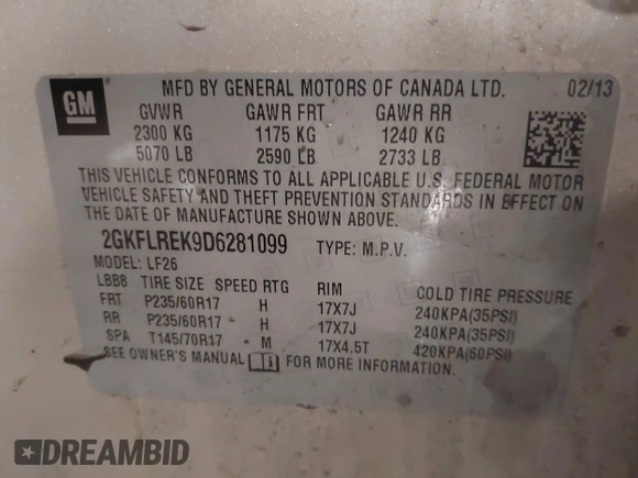 2013 GMC Terrain SLE with VIN 2GKFLREK9D6281099, listed as a IAAI auction lot 41578483 with 120,176 mi miles. Bid and sale history available at carsss.com. Image 9.