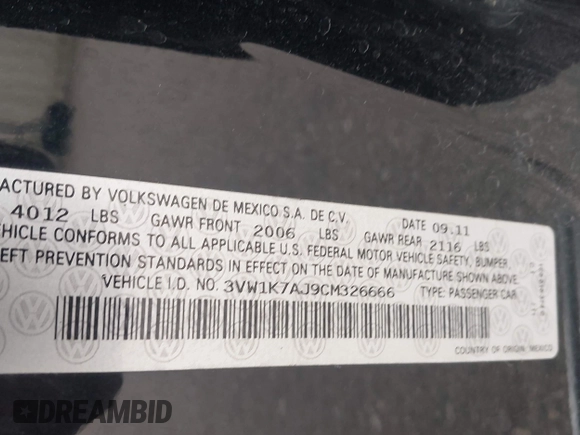 2012 Volkswagen Jetta S с VIN 3VW1K7AJ9CM326666, выставлен на аукционе IAAI как лот 42140143 с пробегом 138 919 миль миль и . История ставок и продаж доступна на DreamBid. Изображение 9.