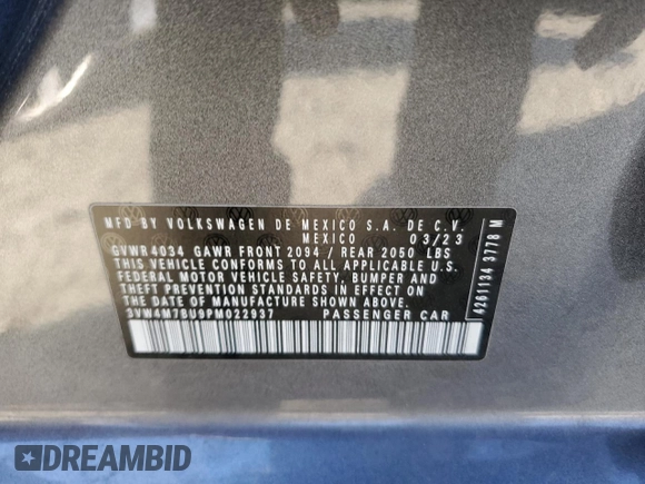 2023 Volkswagen Jetta S z VIN 3VW4M7BU9PM022937, wystawiony jako Copart lot #83599634 z przebiegiem 17 639 mil mil oraz Szkoda całkowita • Salvage title. Historia ofert i sprzedaży dostępna na DreamBid. Obrazek 12.