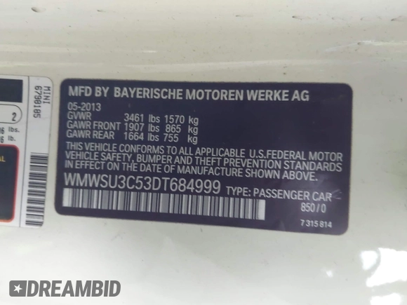 2013 MINI Hardtop with VIN WMWSU3C53DT684999, listed as a IAAI auction lot 42163800 with 89,774 mi miles and . Bid and sale history available at DreamBid. Image 9.