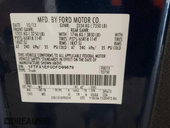 2013 Ford F-150 XL with VIN 1FTFX1EF0DFD99679, listed as a Copart auction lot 57461065 with 216,138 mi miles and Salvage title. Bid and sale history available at DreamBid. Image 12.