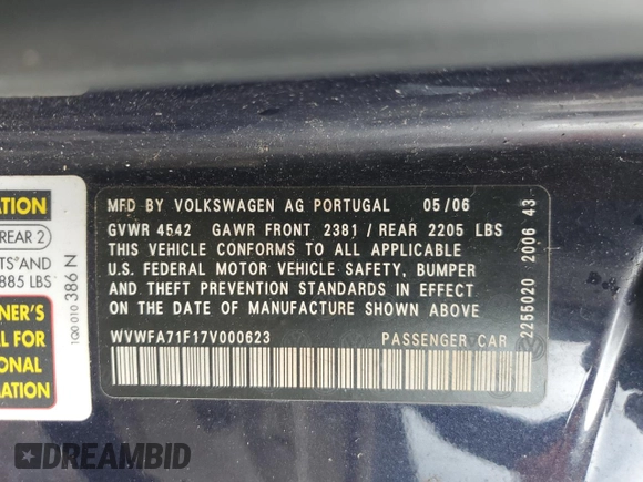 2007 Volkswagen Eos 2.0T with VIN WVWFA71F17V000623, listed as a Copart auction lot 54840164 with 135,617 mi miles and Salvage Title. Bid and sale history available at DreamBid. Image 12.