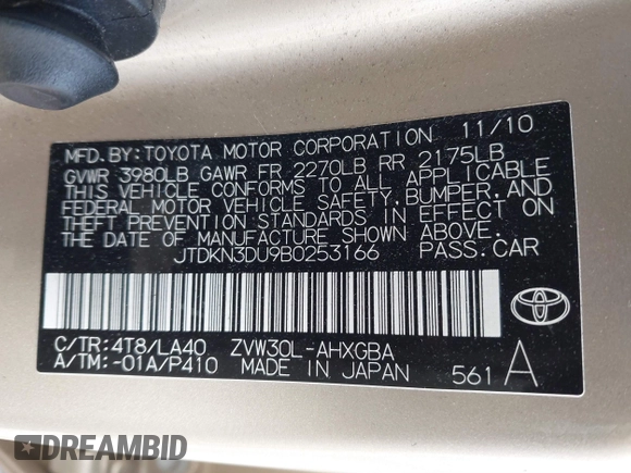 2011 Toyota Prius I with VIN JTDKN3DU9B0253166, listed as a IAAI auction lot 41893424 with 82,705 mi miles. Bid and sale history available at carsss.com. Image 9.