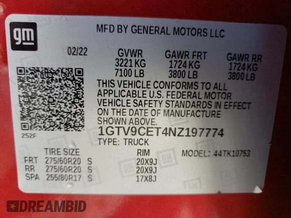 2022 GMC Sierra 1500 z VIN 1GTV9CET4NZ197774, wystawiony jako Copart lot #65208824 z przebiegiem 39 950 mil mil oraz Szkoda całkowita • Salvage title. Historia ofert i sprzedaży dostępna na DreamBid. Obrazek 12.