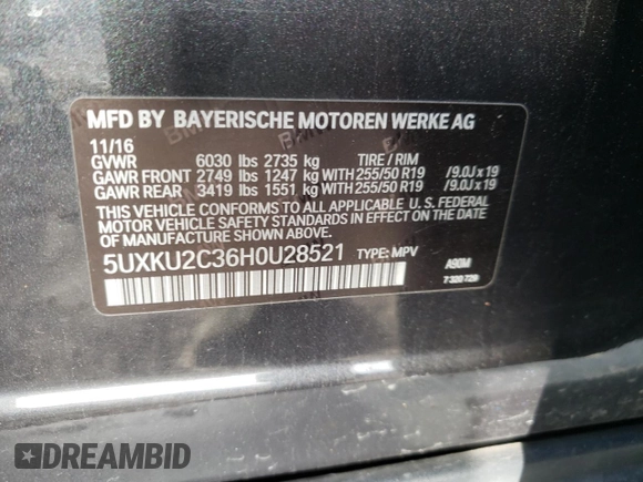 2017 BMW X6 xDrive35i with VIN 5UXKU2C36H0U28521, listed as a Copart auction lot 38806203 with 0 mi miles. Bid and sale history available at carsss.com. Image 12.
