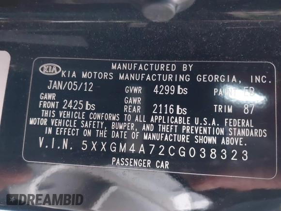 2012 Kia Optima LX with VIN 5XXGM4A72CG038323, listed as a IAAI auction lot 41943460 with 209,668 mi miles and . Bid and sale history available at carsss.com. Image 9.