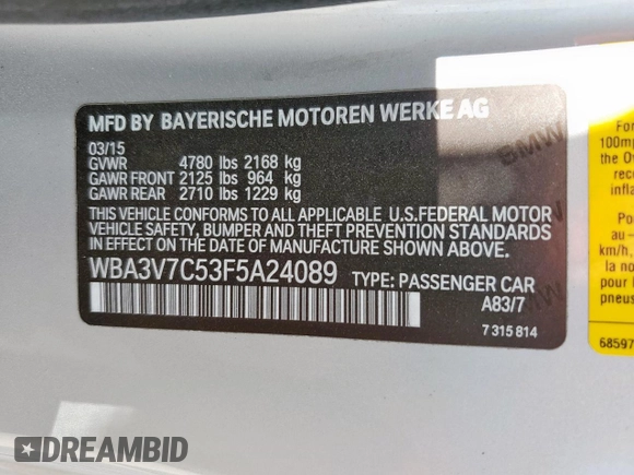2015 BMW 4 Series 428i with VIN WBA3V7C53F5A24089, listed as a Copart auction lot 59936155 with Not provided miles and Salvage title. Bid and sale history available at DreamBid. Image 14.