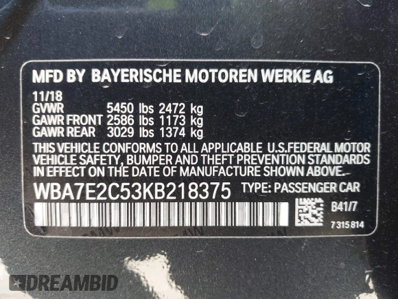 2019 BMW 7 Series 740i with VIN WBA7E2C53KB218375, listed as a IAAI auction lot 42008827 with 61,337 mi miles and . Bid and sale history available at DreamBid. Image 9.