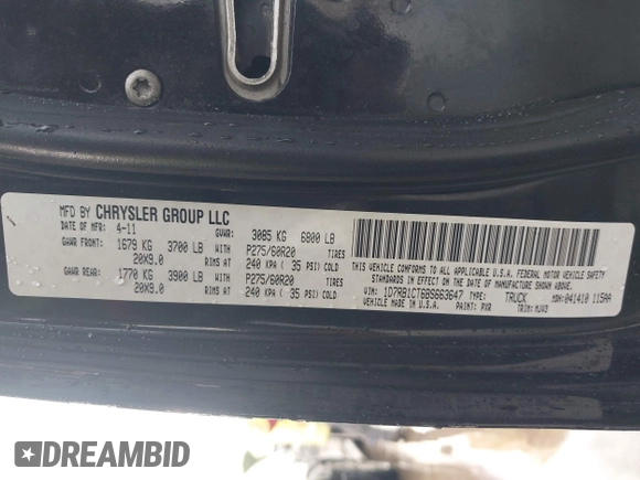 2011 Ram 1500 Laramie with VIN 1D7RB1CT6BS663647, listed as a IAAI auction lot 42641864 with 265,188 mi miles and . Bid and sale history available at DreamBid. Image 9.