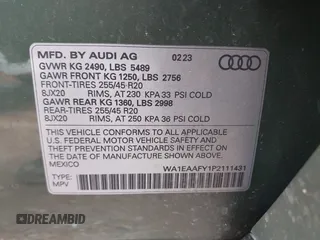 2023 Audi Q5 S line Premium Plus with VIN WA1EAAFY1P2111431, listed as a IAAI auction lot 42355144 with 43,498 mi miles and . Bid and sale history available at DreamBid. Image 9.