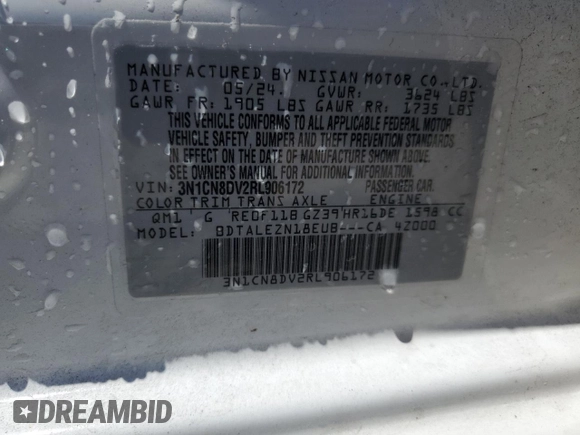 2024 Nissan Versa S с VIN 3N1CN8DV2RL906172, выставлен на аукционе Copart как лот 58047665 с пробегом 21 007 миль миль и Списание • Salvage title. История ставок и продаж доступна на DreamBid. Изображение 12.