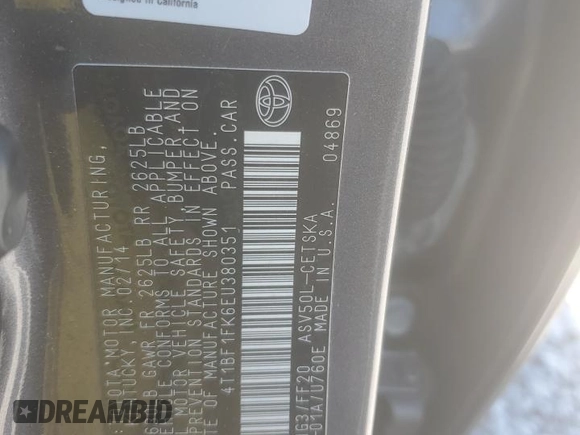 2014 Toyota Camry L with VIN 4T1BF1FK6EU380351, listed as a Copart auction lot 52499865 with 130,003 mi miles and Salvage Title. Bid and sale history available at DreamBid. Image 14.