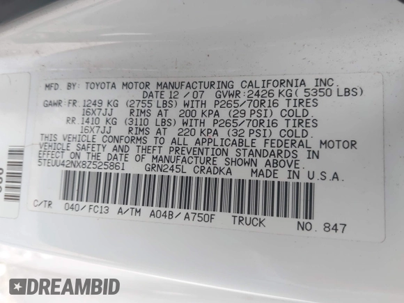 2008 Toyota Tacoma z VIN 5TEUU42NX8Z525861, wystawiony jako IAAI lot #42125414 z przebiegiem Nie podano mil oraz . Historia ofert i sprzedaży dostępna na DreamBid. Obrazek 9.