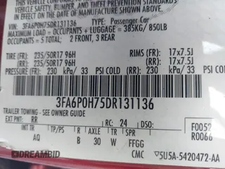2013 Ford Fusion SE с VIN 3FA6P0H75DR131136, выставлен на аукционе IAAI как лот 42139576 с пробегом 128 756 миль миль и . История ставок и продаж доступна на DreamBid. Изображение 9.