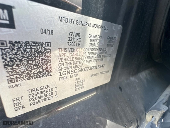 2018 Chevrolet Suburban LS with VIN 1GNSCGKC7JR316242, listed as a Copart auction lot 74991054 with 239,667 mi miles and Clean Title. Bid and sale history available at carsss.com. Image 10.