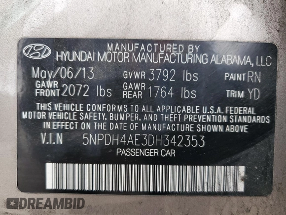 2013 Hyundai Elantra GLS with VIN 5NPDH4AE3DH342353, listed as a Copart auction lot 59496535 with 127,399 mi miles and Salvage title. Bid and sale history available at DreamBid. Image 12.