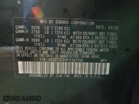 2023 Subaru Outback Wilderness with VIN 4S4BTGUD0P3197780, listed as a Copart auction lot 45864705 with 78,583 mi miles and Salvage title. Bid and sale history available at DreamBid. Image 14.