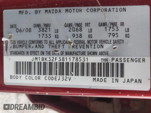 2008 Mazda Mazda3 i Touring Value with VIN JM1BK32F381178531, listed as a IAAI auction lot 41495560 with 169,975 mi miles. Bid and sale history available at carsss.com. Image 9.