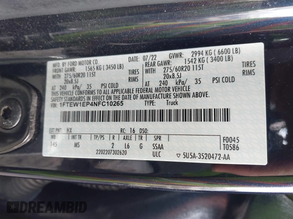 2022 Ford F-150 XL z VIN 1FTEW1EP4NFC10265, wystawiony jako IAAI lot #41698502 z przebiegiem 48 349 mil mil oraz . Historia ofert i sprzedaży dostępna na DreamBid. Obrazek 9.