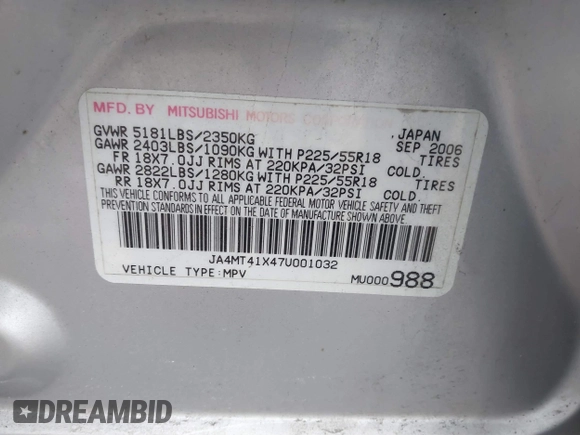 2007 Mitsubishi Outlander XLS with VIN JA4MT41X47U001032, listed as a IAAI auction lot 41185020 with 176,971 mi miles. Bid and sale history available at carsss.com. Image 9.