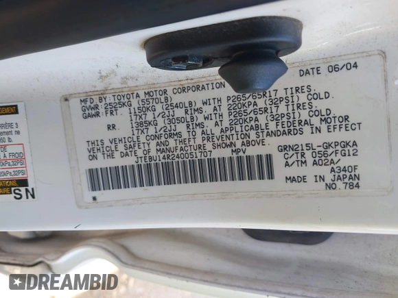 2004 Toyota 4Runner SR5 with VIN JTEBU14R240051707, listed as a IAAI auction lot 42142313 with 222,646 mi miles and . Bid and sale history available at DreamBid. Image 9.