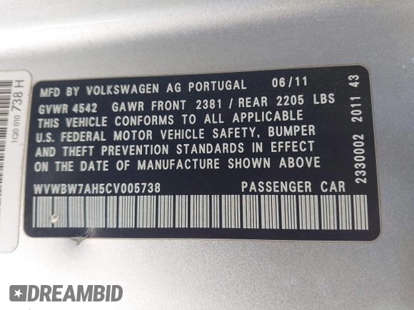 2012 Volkswagen Eos Komfort with VIN WVWBW7AH5CV005738, listed as a IAAI auction lot 41619744 with 131,340 mi miles and . Bid and sale history available at DreamBid. Image 9.