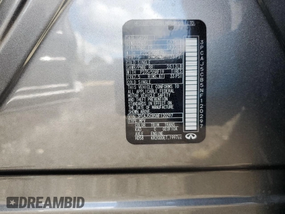 2022 Infiniti QX50 Essential with VIN 3PCAJ5CB5NF120297, listed as a Copart auction lot 65633113 with 10,035 mi miles and . Bid and sale history available at DreamBid. Image 14.
