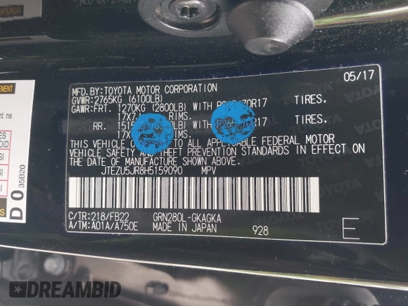 2017 Toyota 4Runner SR5 с VIN JTEZU5JR8H5159090, выставлен на аукционе IAAI как лот 42490310 с пробегом 60 546 миль миль и . История ставок и продаж доступна на DreamBid. Изображение 9.