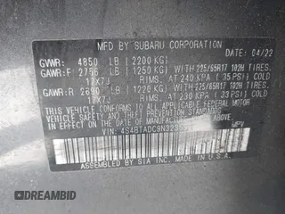 2022 Subaru Outback Premium with VIN 4S4BTADC9N3235928, listed as a IAAI auction lot 42160787 with 48,411 mi miles and . Bid and sale history available at DreamBid. Image 9.