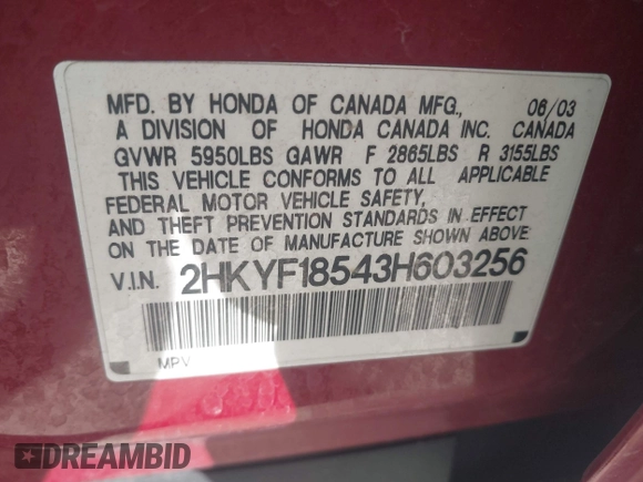 2003 Honda Pilot EX with VIN 2HKYF18543H603256, listed as a IAAI auction lot 42141096 with 260,535 mi miles and . Bid and sale history available at DreamBid. Image 9.